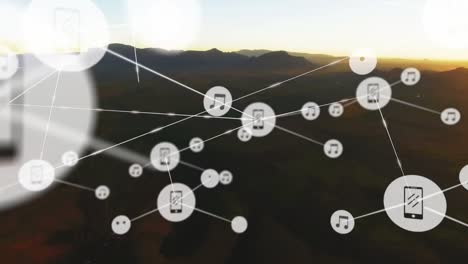 animation of network of connections with icons over landscape