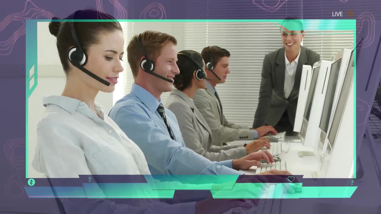 전화 헤드 ⁇  을 사용하는 사람 들 위 에 있는 플레이 스크린 의 애니메이션