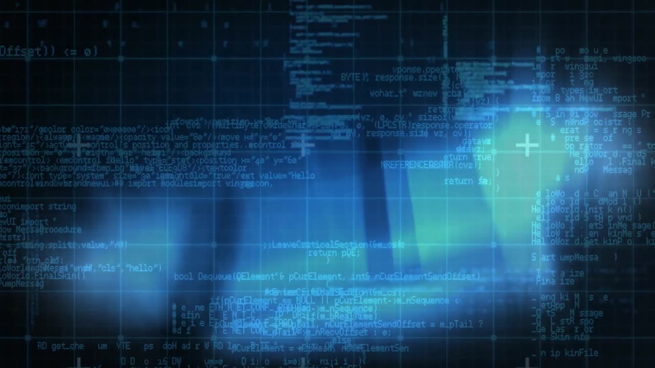 Animation of data processing over grid and blue glowing shapes