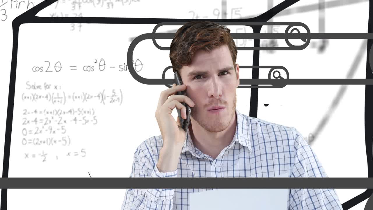 Animation of caucasian businessman with smartphone on white background with math symbols