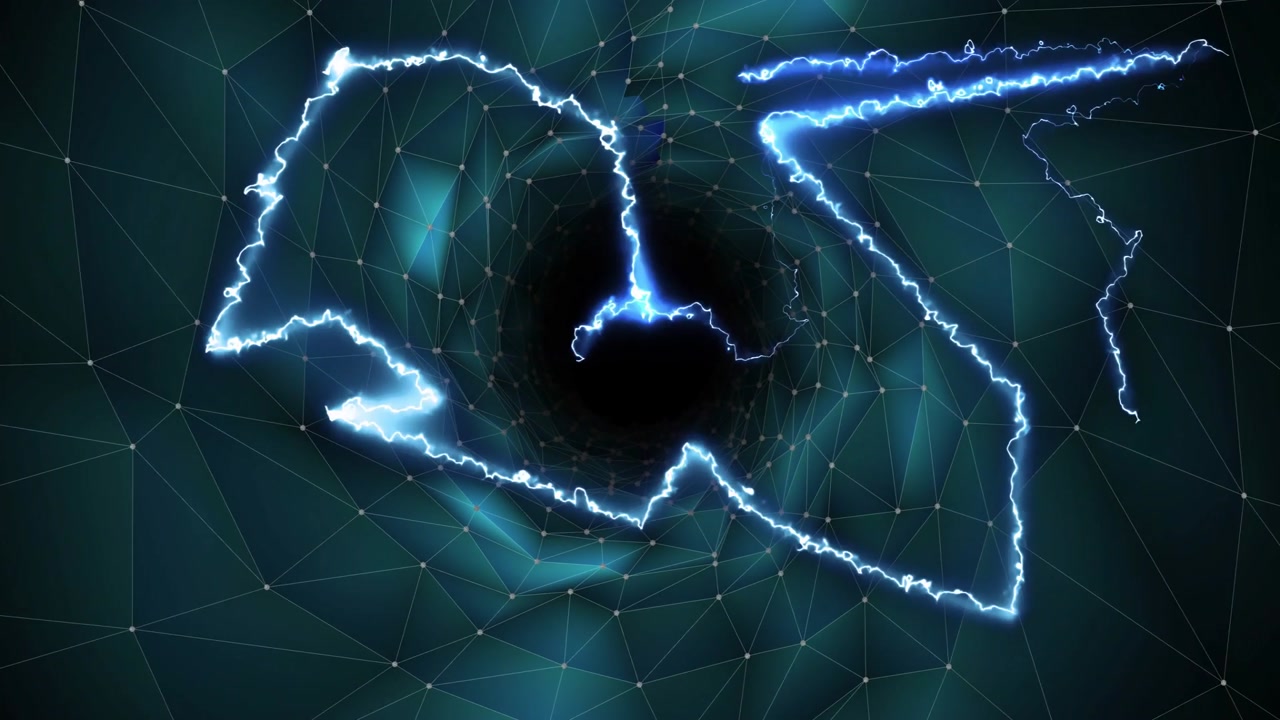 Electric arcs appearing from left tracing jagged paths into central void, looping and showing depth