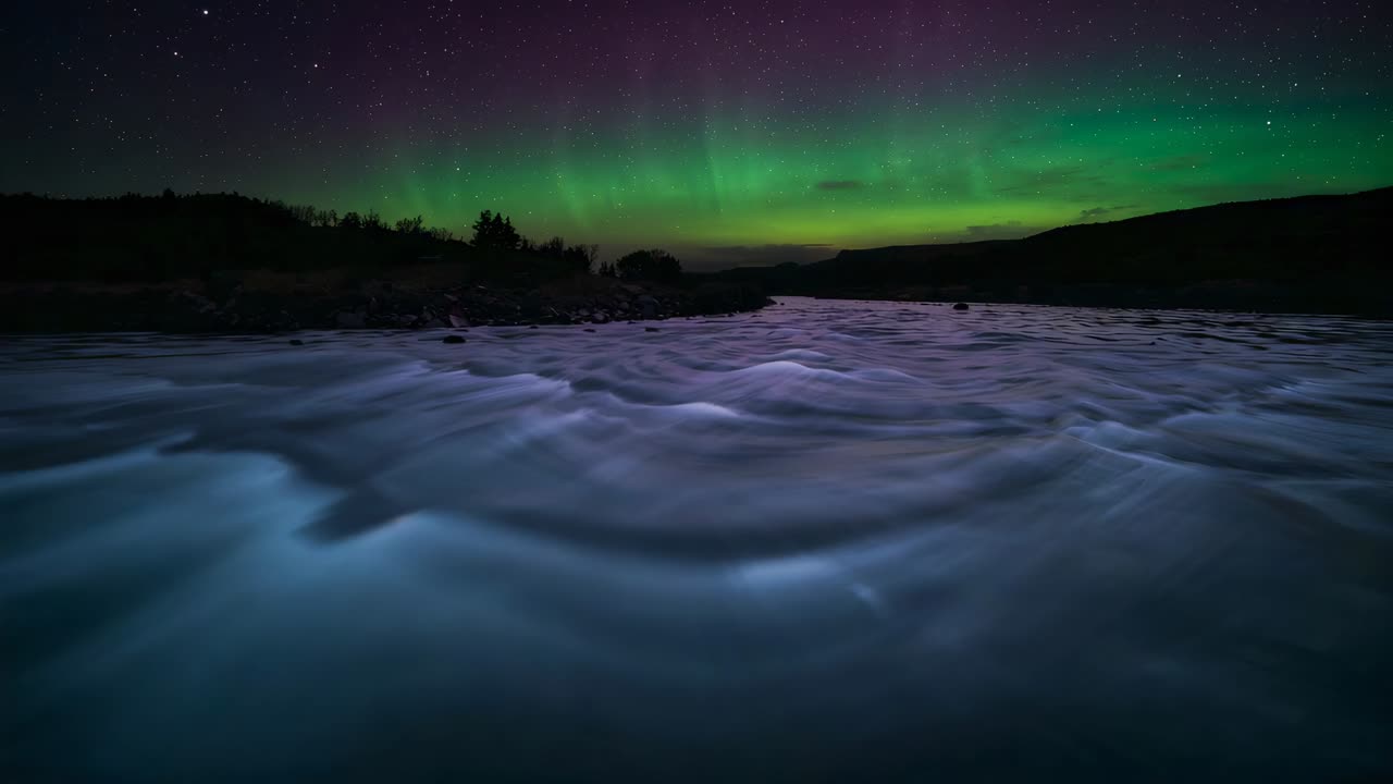 Flowing river revealing more rocky shoreline at night as current pushes foam ridges, aurora dancing