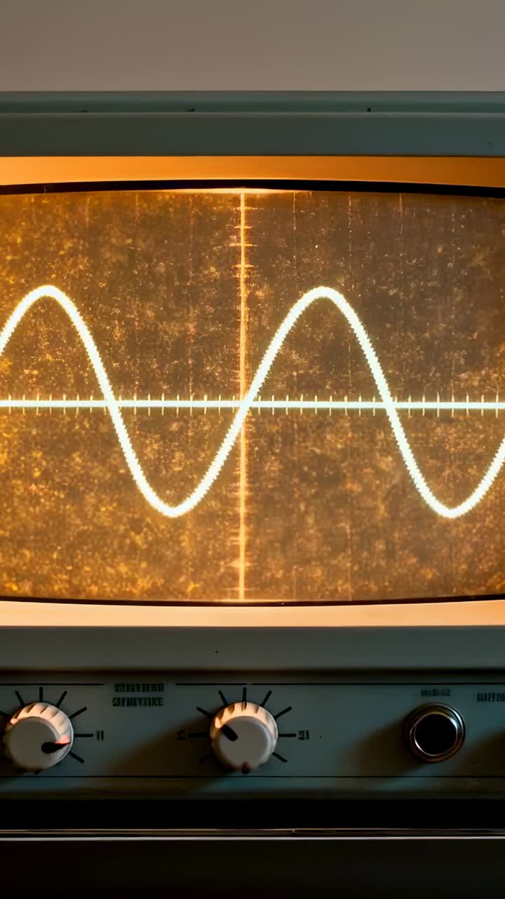 Vertical video: Recording camera filming CRT scope showing drifting sine on bench showing BNC cable