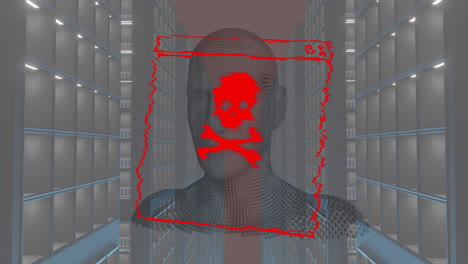 malware alert over digital animation of head in data center