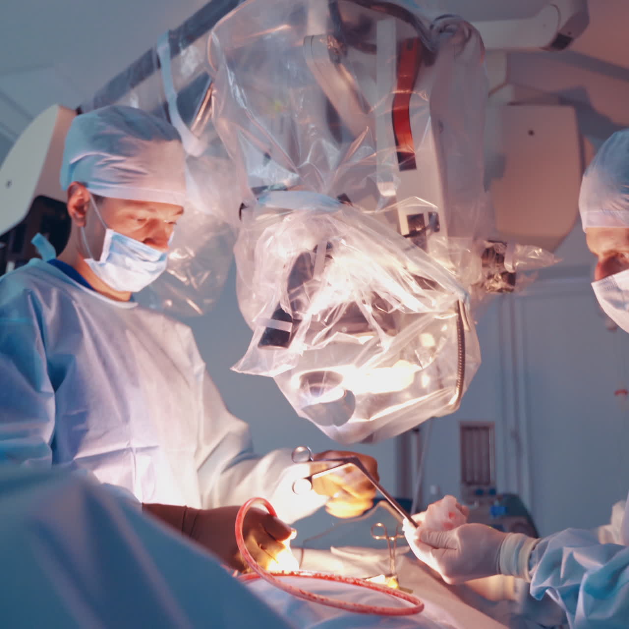 Neurosurgeons doing operation through the microscope. Modern equipment in operating room. Two doctors use medical instruments during operation.