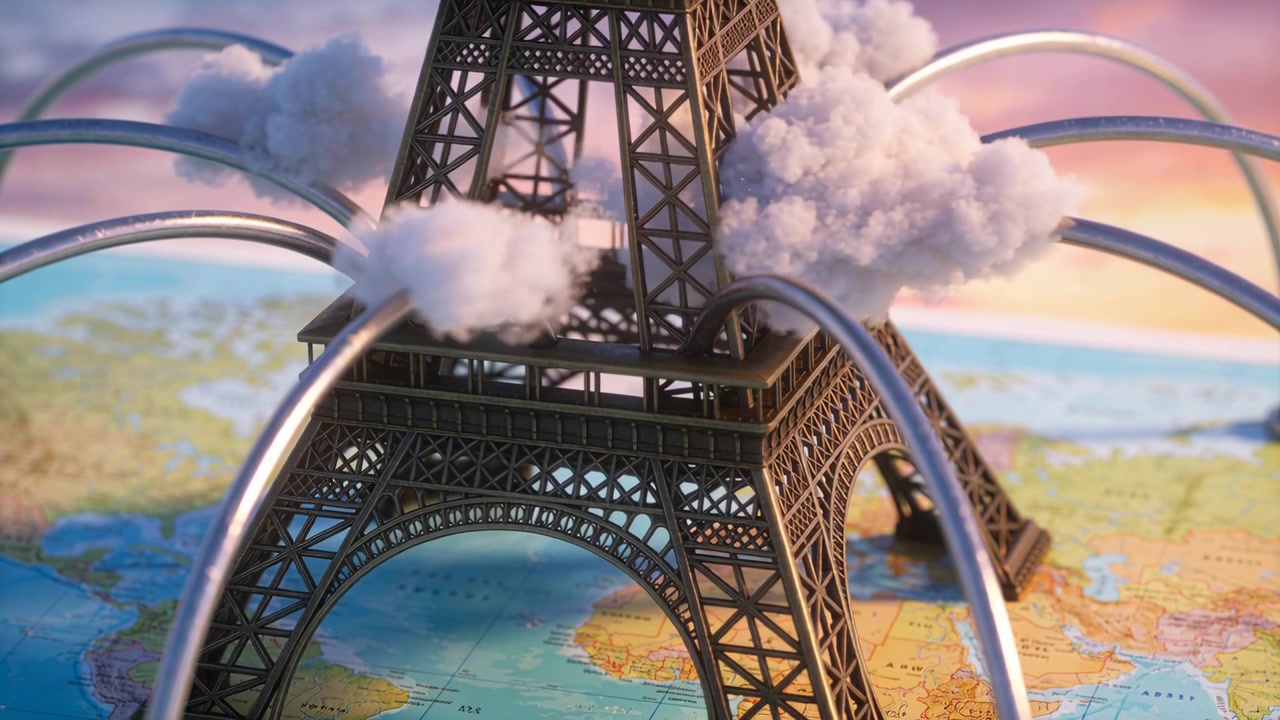 Animation beginnt, Miniatur-Eiffelturm lässt Wolkenbäusche auf einer Tischlandkarte sprießen, Bögen für eine spielerische Note.
