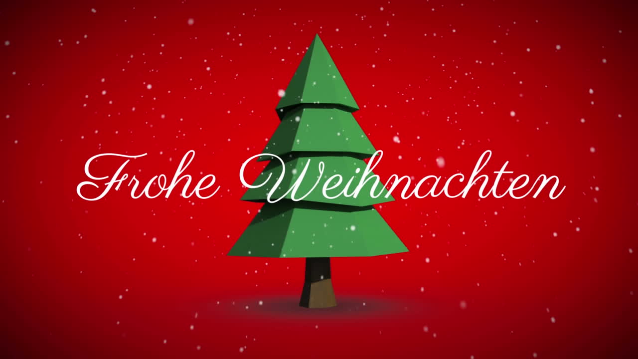 Text „Frohe Weihnachten“ und fallender Schnee vor sich drehendem Weihnachtsbaum-Symbol auf rotem Hintergrund
