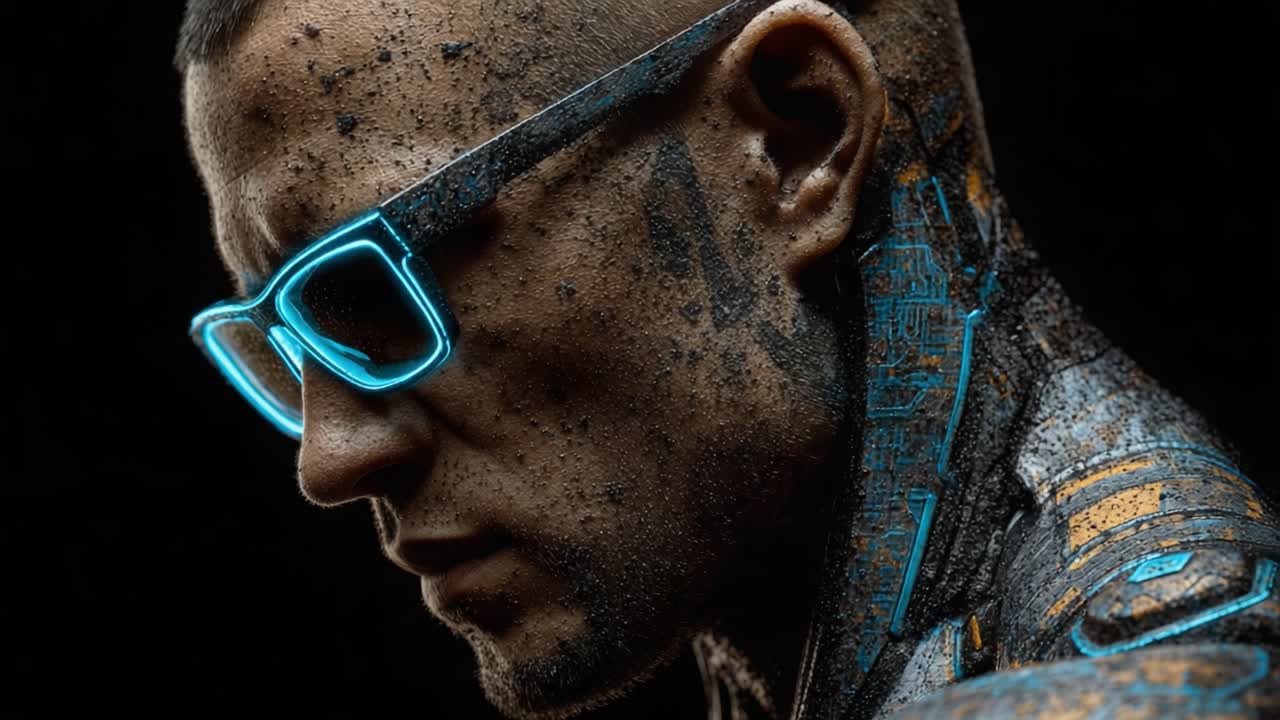 A Cybernetic Warrior's Grit: Exploring the Intricate Details of a Futuristic Character Adorned with Glowing Glasses and Distinctive Marks of Battle Scars