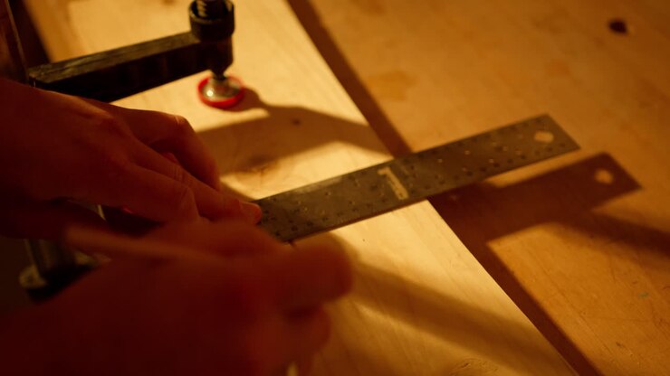 Close-up of a person measuring a wooden board and making pencil lines for cutting it out