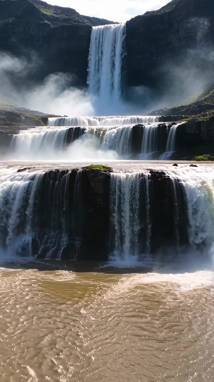 Video verticale: Cascata superiore che si riversa, alimentando una cascata a più livelli a livello del fiume, con la nebbia che si sposta.