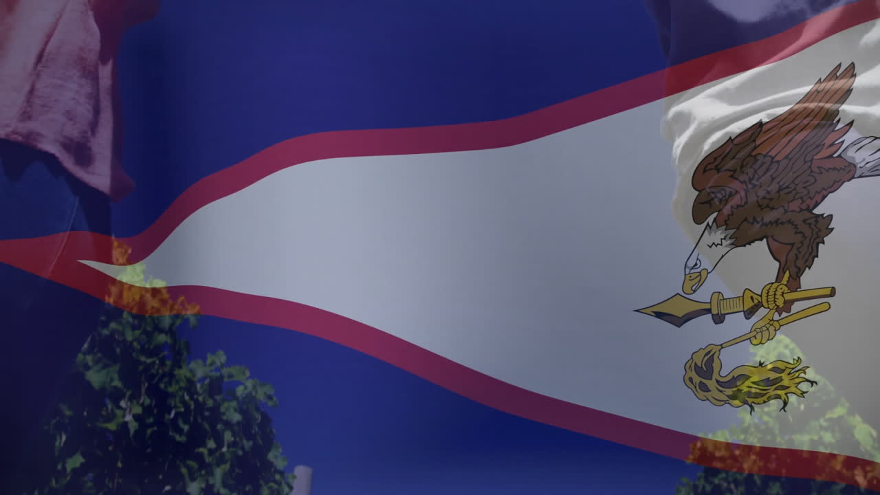 Belize flag animation overlaying people standing outdoors with clear blue sky