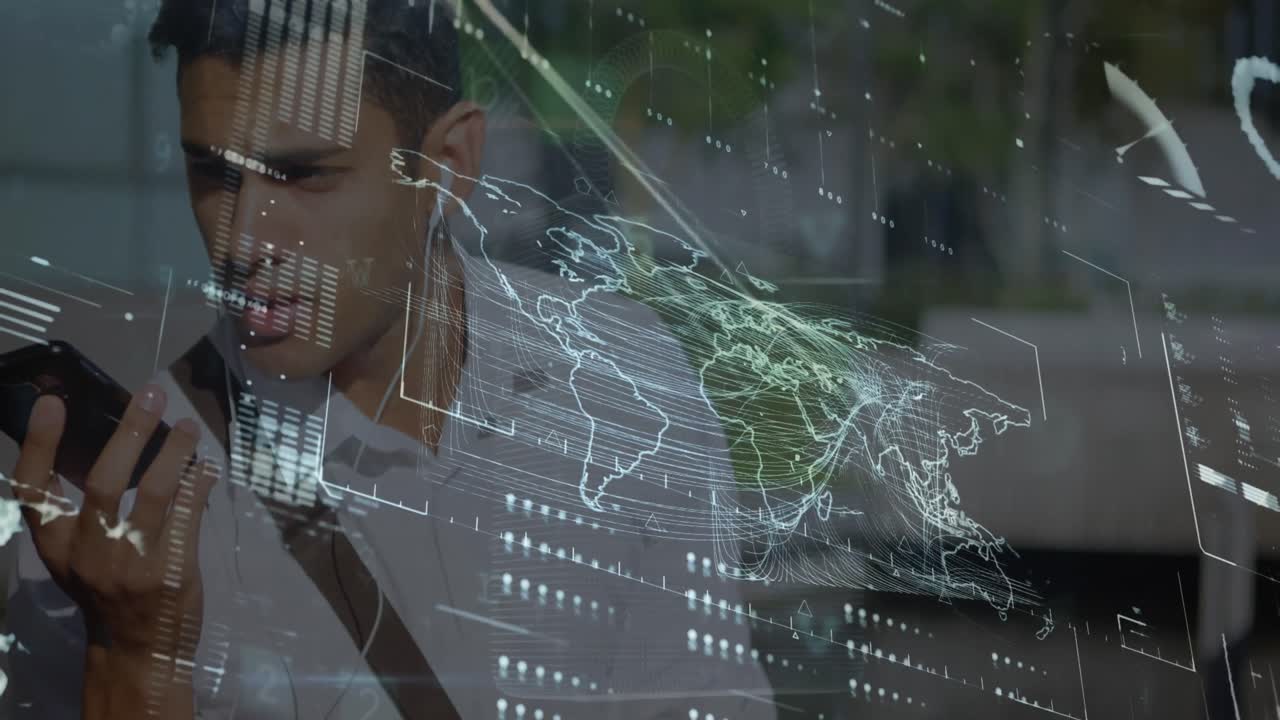 Animation of interface with data processing over biracial man talking on smartphone outdoors