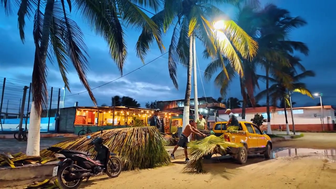 Santo Tomas, Ecuador, 1 maggio 2026: Scena stradale al crepuscolo con palme a Puerto Villamil, Isola Isabela. Lavoratori che caricano fronde su un camion giallo vicino a ristoranti illuminati.