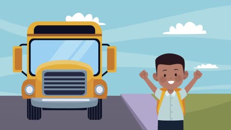 afro schoolboy in street with bus character