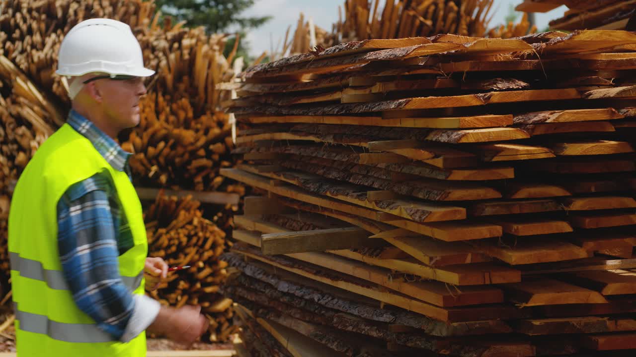 trabajador masculino examinando la pila de tablones 11