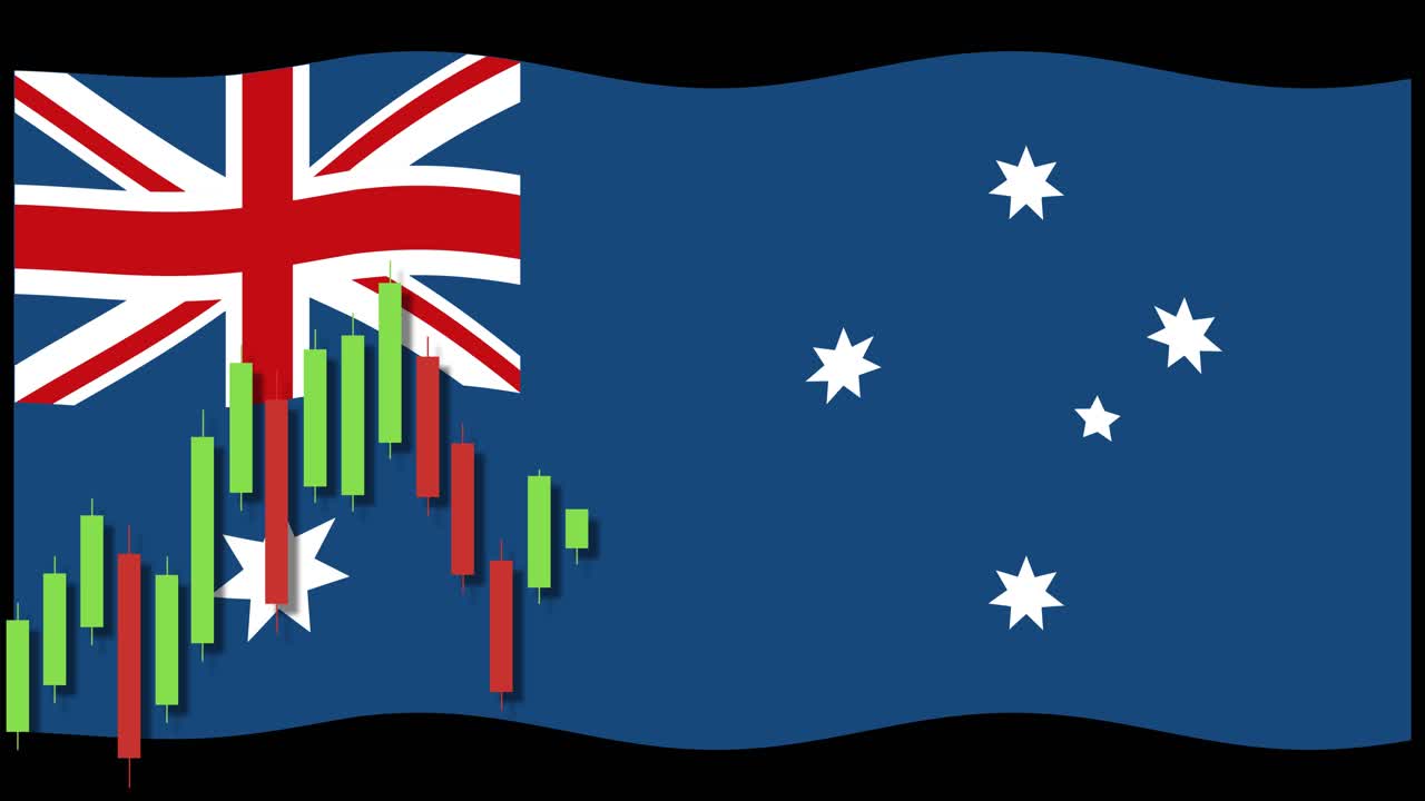 Animation of Australian flag with a moving candlestick chart overlay, illustrating financial market trends in vibrant colors