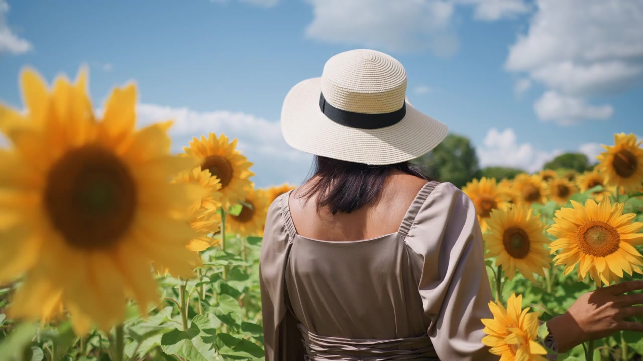 Donna con cappello a tesa larga cammina lentamente tra alti girasoli, con la schiena visibile mentre si muove tra vivaci fioriture gialle. La scena presenta luce solare intensa e ombre morbide sulle foglie verdi
