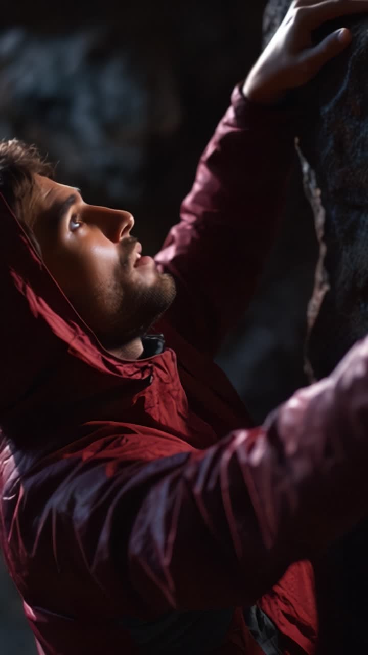 Intensa concentrazione di uno scalatore che si prepara a conquistare una via difficile con determinazione e abilità in un ambiente di grotta buia.