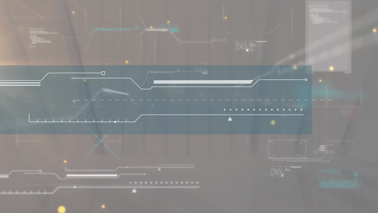 Animation of yellow spots floating over interface with data processing against grey background