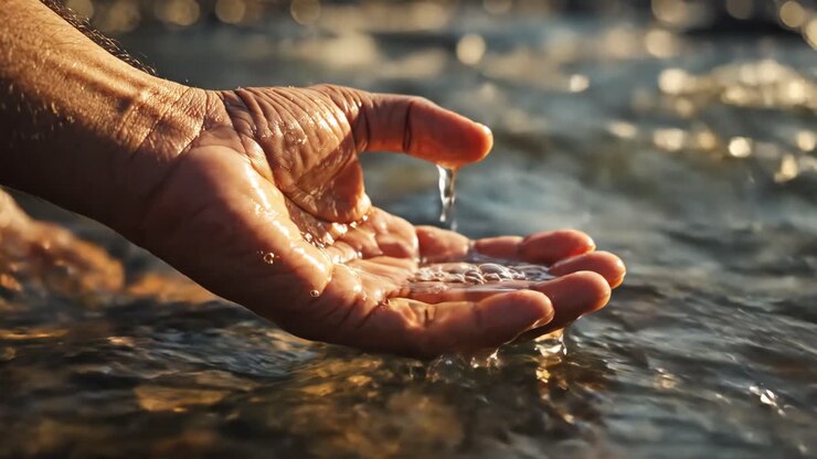 Hand scooping water from a river