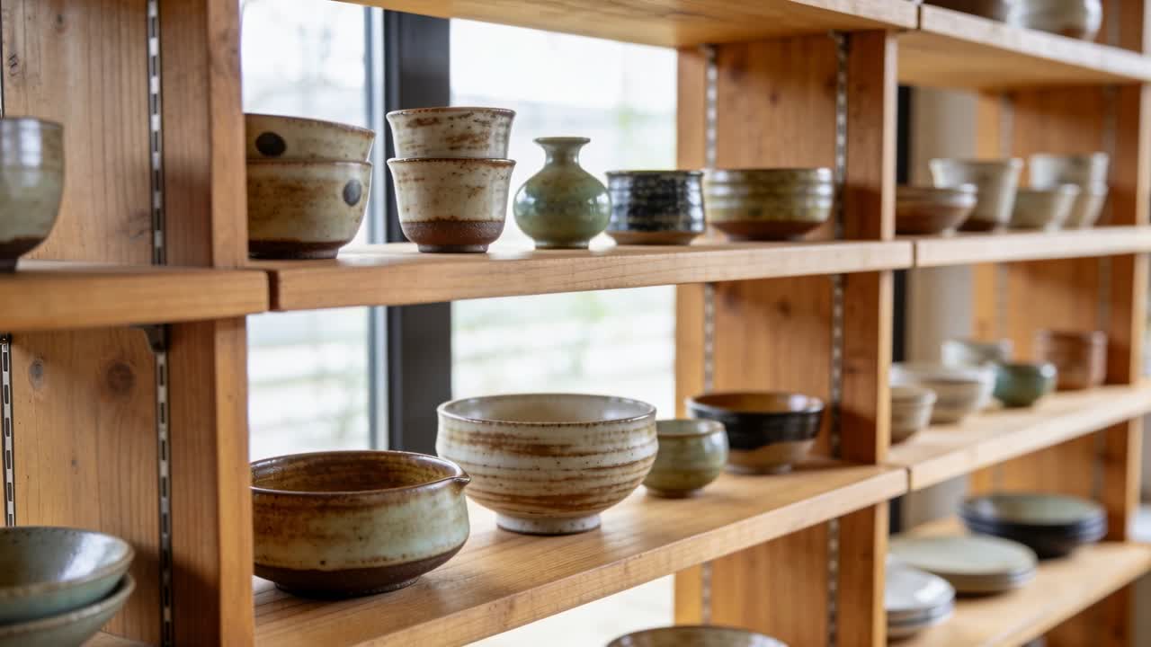 Telecamera in movimento che passa accanto a ciotole smaltate e vasi su scaffali di legno, con una finestra retroilluminata che mette in mostra le ceramiche.