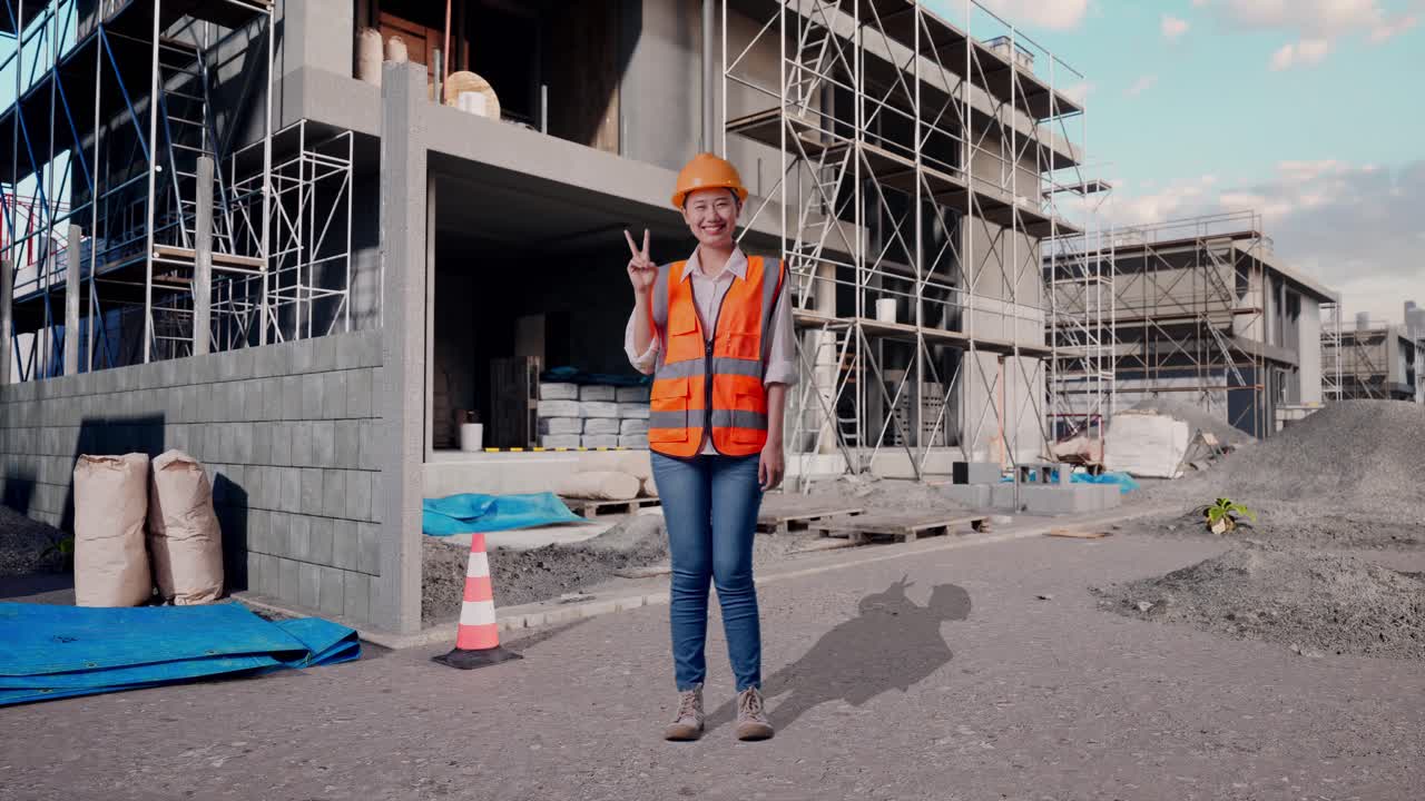 Full Body Of Asian Female Engineer With Safety Helmet Smiling And Showing Peace Gesture While Standing At Construction Site in Progress to New House