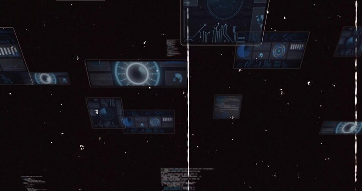 Abstract Digital Interface with Floating Data Screens and Vintage Film Scratches