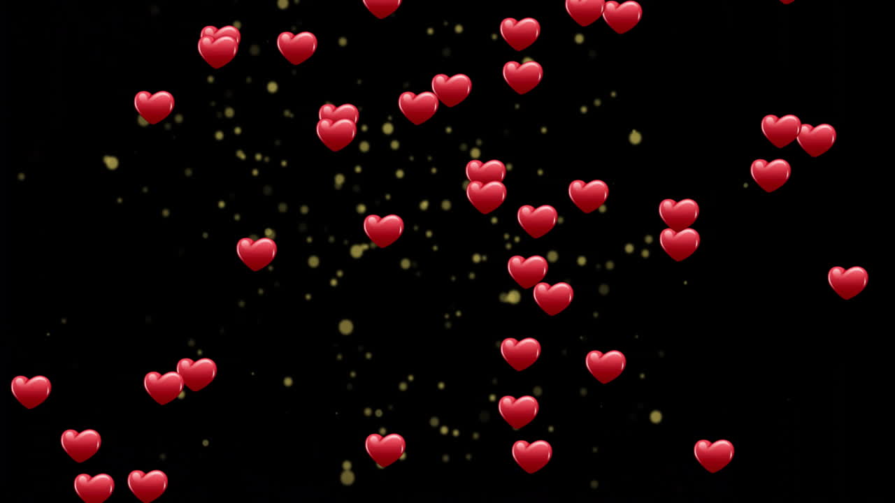 Glossy red hearts floating across black backdrop, showcasing shimmering gold bokeh lights