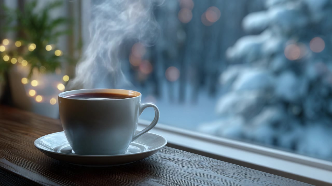 Una tazza calda di caffè con vapore che sale su uno sfondo innevato, perfetta per le accoglienti giornate invernali e i momenti sereni accanto alla finestra.