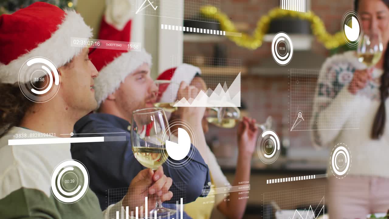 Woman raising large wine glass and leading holiday toast at kitchen table, HUD tech charts floating
