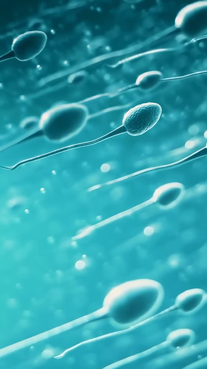 Concept video subacqueo con un'angolazione ravvicinata di spermatozoi che nuotano, creando un flusso dinamico.