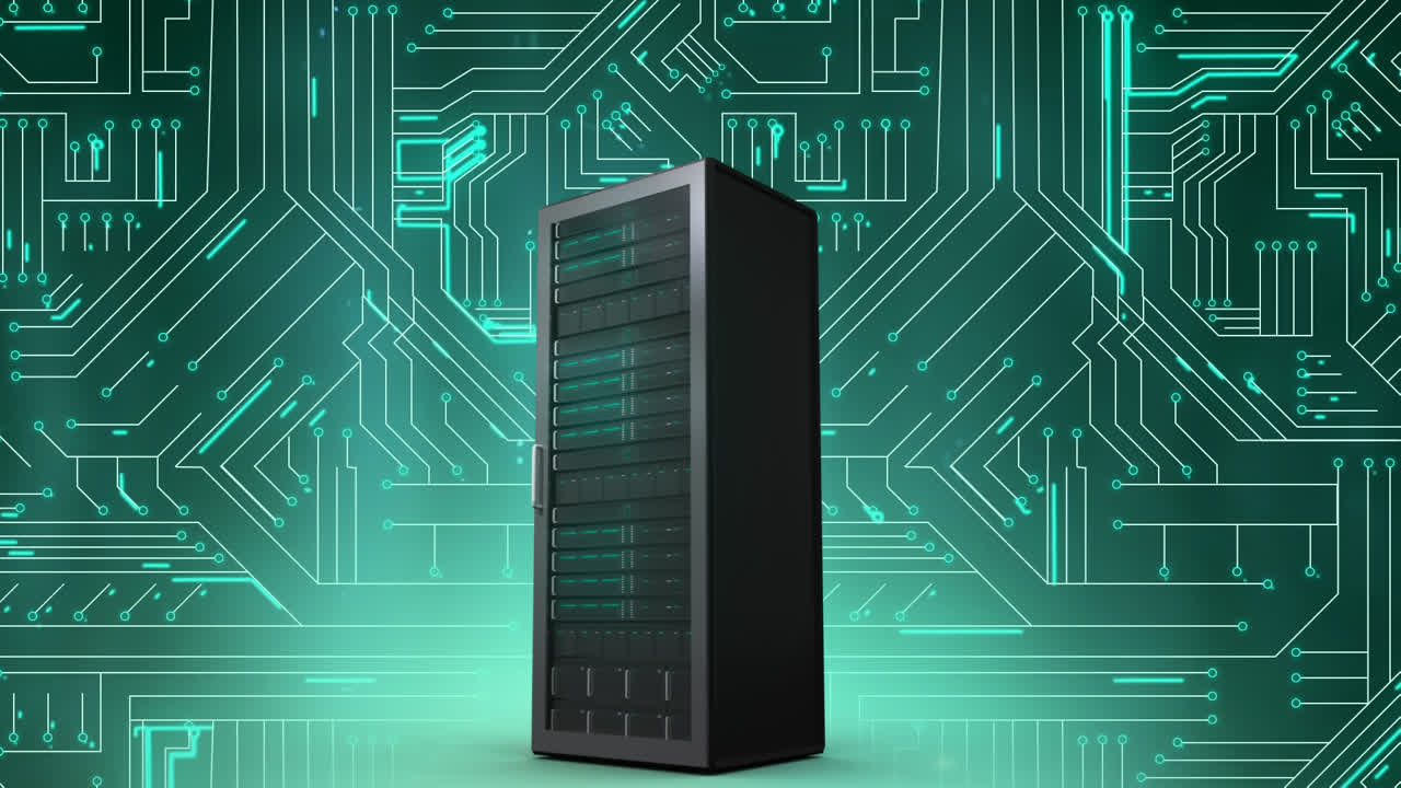 Premium stock video Computer tower and glowing green circuit board
