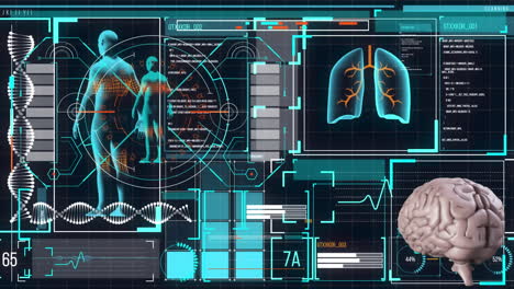 digital animation of digital interface with medical data processing against black background