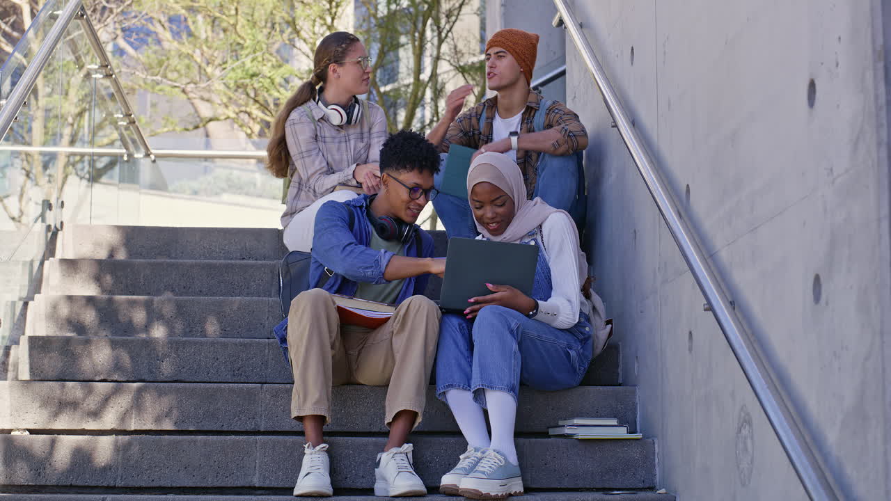 Group of diverse students studying together on campus stairs with a laptop