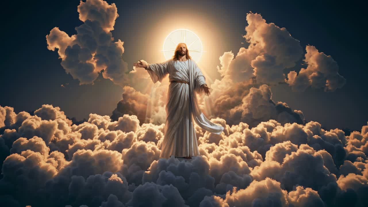 A divine figure in flowing robes stands amidst clouds, backlit by a radiant halo