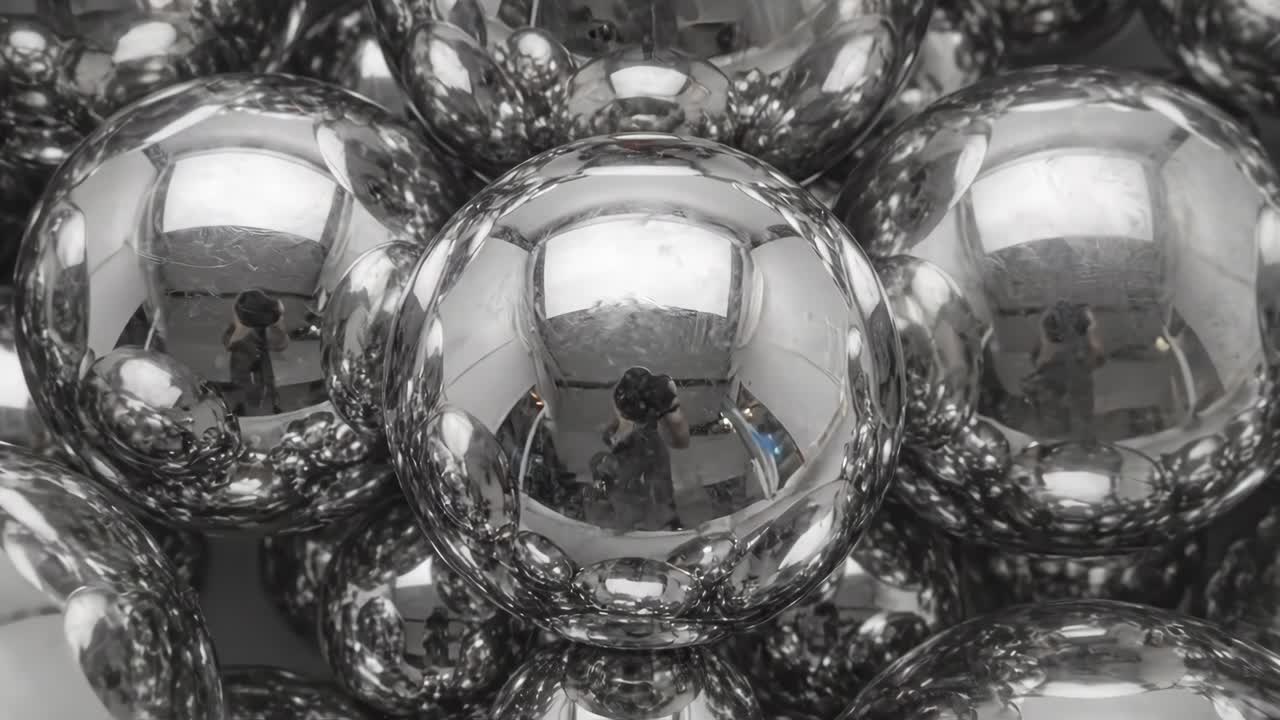 Zoom ravvicinato su sfere metalliche lucide con riflessi