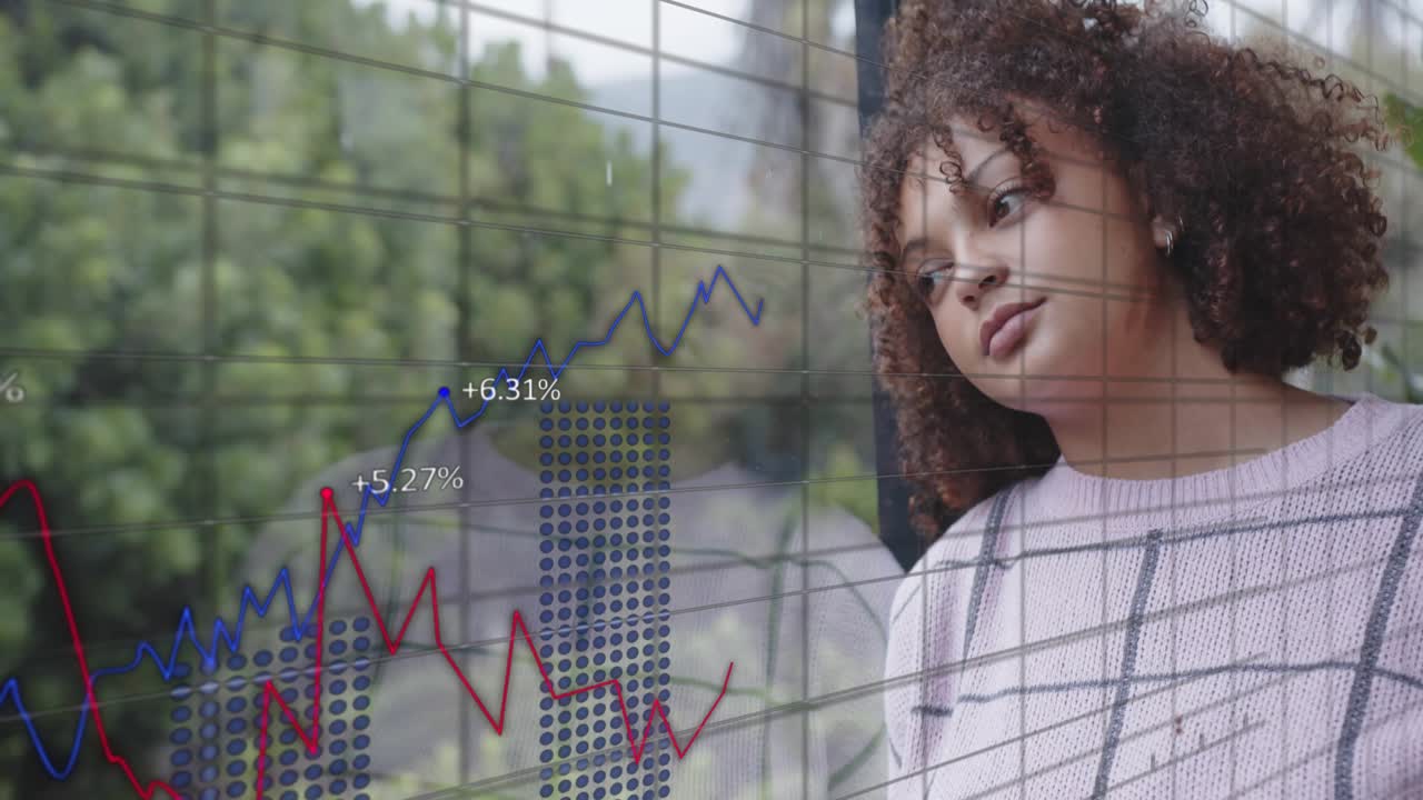 Hand-drawn red marker stroke appearing on wired glass, woman leaning and analyzing finance charts