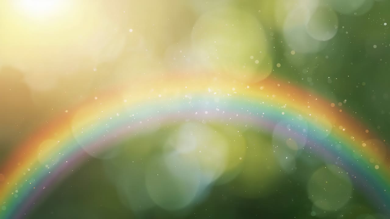 Arco iris multibanda brillante resplandeciendo en un parque soleado, con el resplandor del sol moviendo motas y un efecto bokeh cambiante.