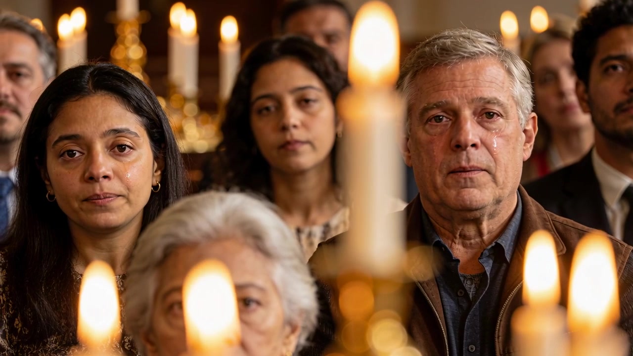 Reaccionando al inicio del elogio fúnebre, dolientes secándose lágrimas y recomponiéndose en iglesia, con trajes, velas y pañuelos.
