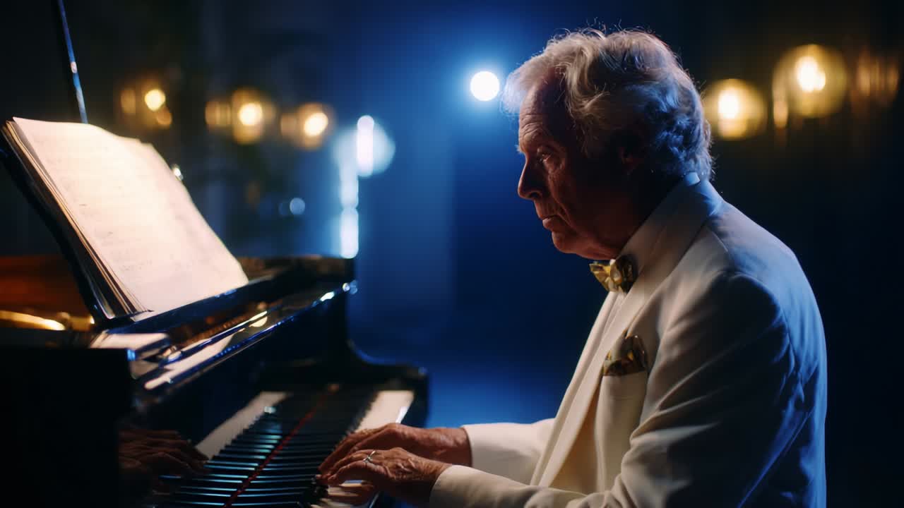 An Elegant Pianist in a Stylish White Suit Captivates Audiences with Soulful Melodies in a Softly Lit Venue, Surrounded by Ambient Lighting for a Magical Musical Experience