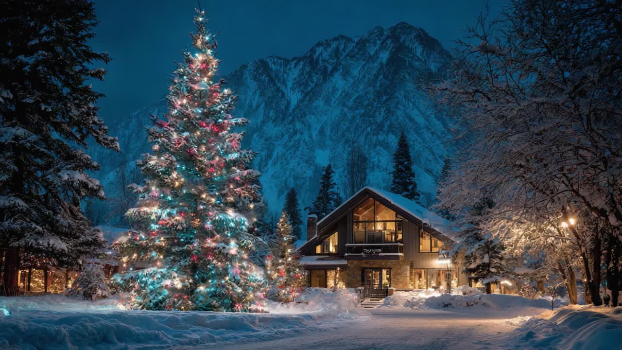 A Magical Winter Night: A Cozy Cabin Surrounded by Snowy Landscape and a Vibrant Christmas Tree Illuminated by Twinkling Lights in the Serene Mountains