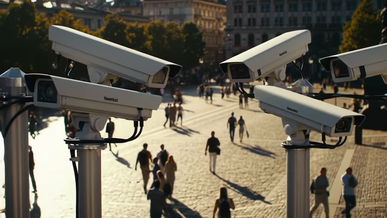Surveillance Cameras Overlooking a Busy Urban Square, Capturing Daily Life Amidst a Diverse Crowd Engaging in Various Activities in the Heart of the City