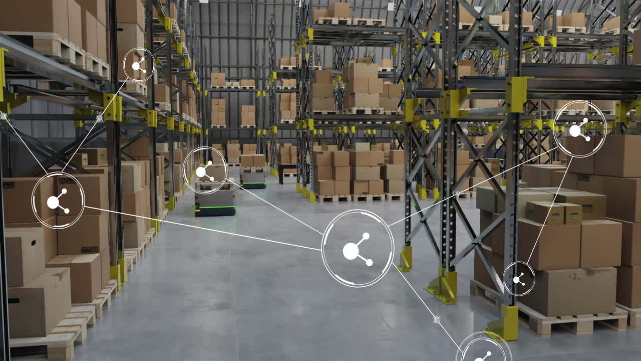 Animation of network of connections with icons over machines working in warehouse