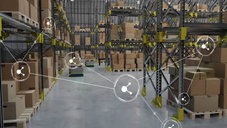 animación de la red de conexiones con iconos sobre las máquinas que trabajan en el almacén