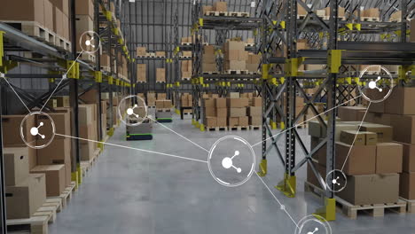 animation of network of connections with icons over machines working in warehouse