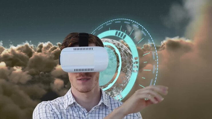 Animazione di uomo che usa un visore VR e orologio blu su cielo nuvoloso