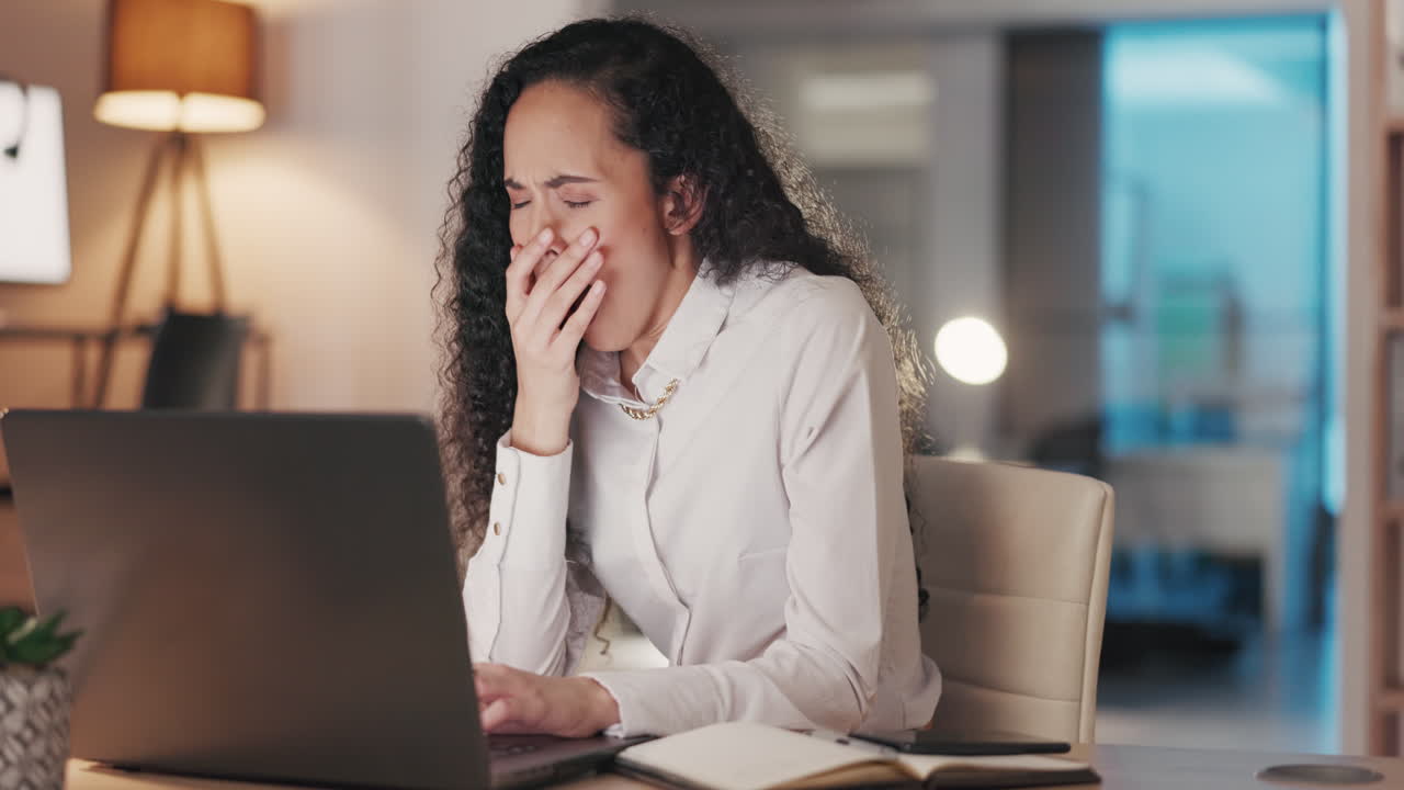 Yawn, business woman and night working in a office