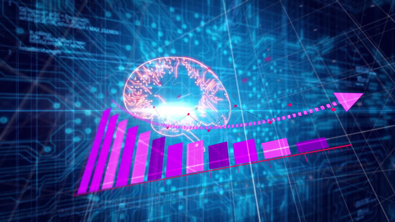 Animation of pink bar graph and brain illustration over digital network background