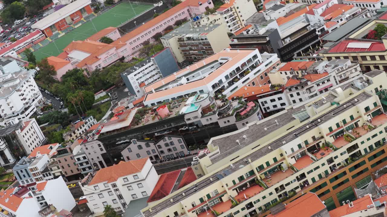 Luxury Rooftop Hotel With Outdoor Pool In Funchal, Madeira Island, Portugal. Aerial Drone Shot