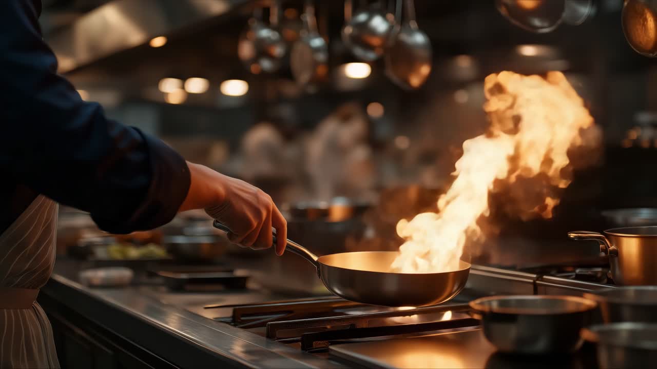 Chef handling pan with fire in kitchen